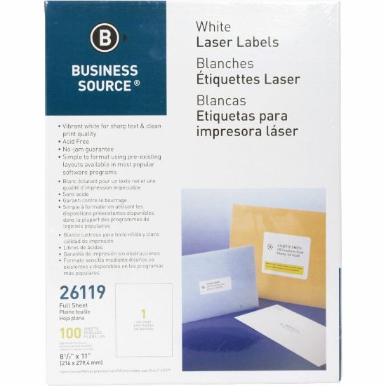 Picture of Business Source Address Labels - 8 1/2in Width x 11in Length - Permanent Adhesive - Rectangle - Laser, Inkjet - White - 1 / Sheet - 100 Total Sheets - 100 / Pack - Lignin-free, Jam-free