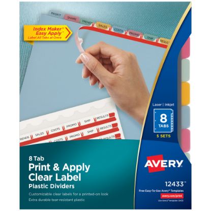 Picture of Avery 8 Tab Plastic Dividers For 3 Ring Binder, Easy Print & Apply Clear Label Strip, Index Maker Customizable, Multicolor Tabs, Pack Of 5 Sets