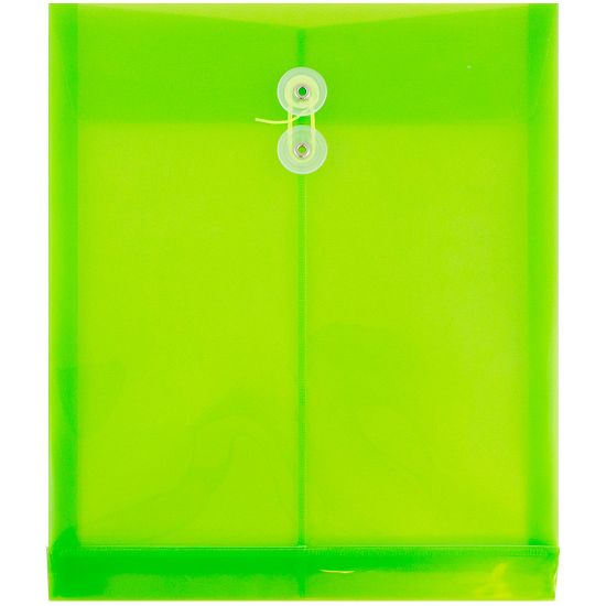 Picture of JAM Paper Open-End Plastic Envelopes, Letter-Size, 9 3/4in x 11 3/4in, Button & String Closure, Lime Green, Pack Of 12