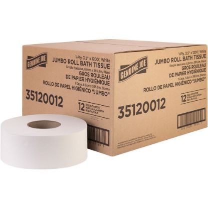 Picture of Genuine Joe 1-ply Jumbo Roll Bath Tissue - 1 Ply - 3.63in x 1200 ft - 8.88in Roll Diameter - White - Fiber - 12 / Carton