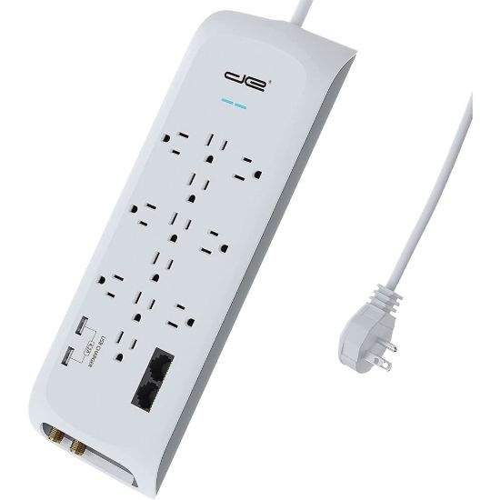 Picture of Digital Energy World 12-Outlet Surge Protector Power Strip with 2 USB Ports (White, 15-Foot Cord) - 12 x AC Power, 2 x USB - 1875 VA - 4200 J - 120 V AC Input - Coaxial, Ethernet, Phone/Modem - 15 ft