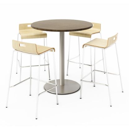 Picture of KFI Studios Round Bistro Pedestal Table With 4 Stacking Bar Stools, Studio Teak/White