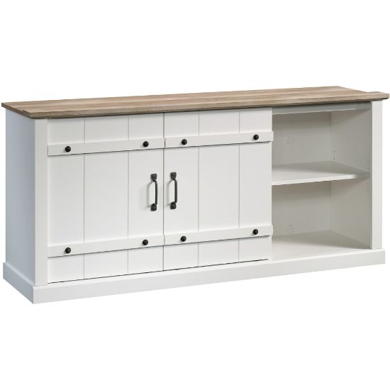 Picture of Sauder Select Farmhouse Entertainment Credenza With Sliding Doors For 70in TVs, Soft White/Lintel Oak