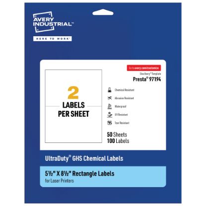 Picture of Avery Ultra Duty Permanent GHS Chemical Labels, 97194-WMU50, Rectangle, 5-1/2in x 8-1/2in, White, Pack Of 100