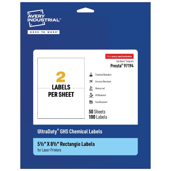 Picture of Avery Ultra Duty Permanent GHS Chemical Labels, 97194-WMU50, Rectangle, 5-1/2in x 8-1/2in, White, Pack Of 100