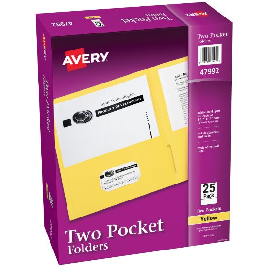 Picture of Avery Two Pocket Folders, 8-1/2in x 11in, Yellow, Box Of 25