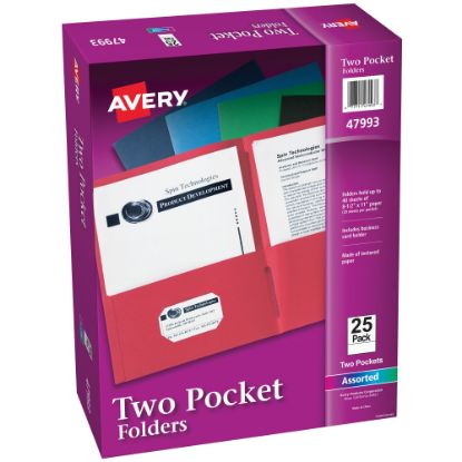 Picture of Avery Two Pocket Folders, 8-1/2in x 11in, Assorted (Black, Dark Blue, Green, Light Blue, Red), Box Of 25