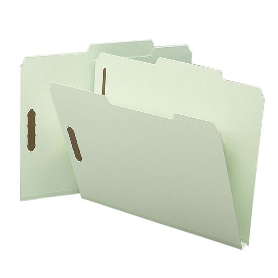 Picture of Smead 2/5-Cut Top-Tab Folders With Fasteners, Letter Size, 60% Recycled, Gray Green, Box Of 25