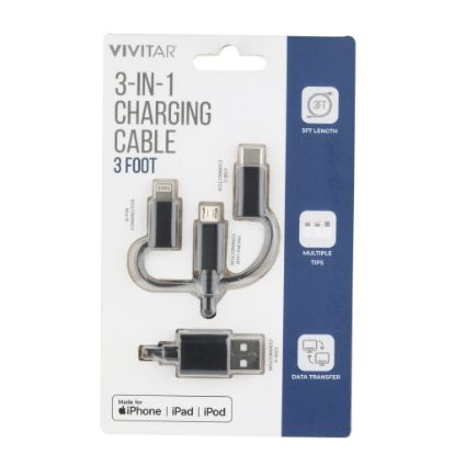 Picture of Vivitar 3-in-1 Charging Cable, 3ft, Black, NIL2001-BLK-STK-24