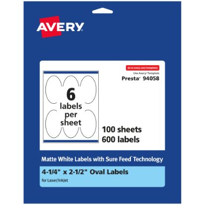 Picture of Avery Permanent Labels With Sure Feed, 94058-WMP100, Oval, 4-1/4in x 2-1/2in, White, Pack Of 600