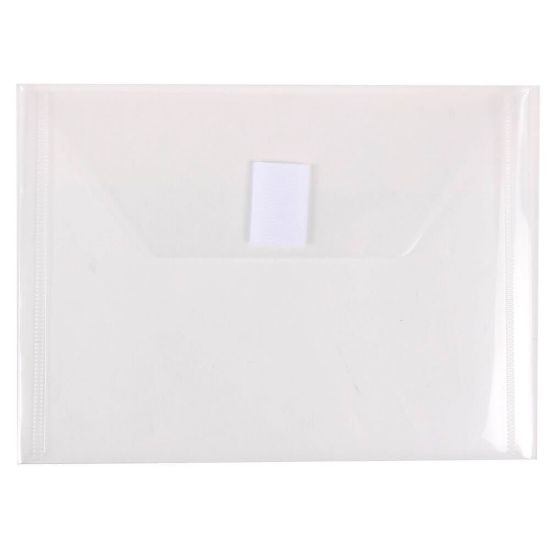 Picture of JAM Paper Plastic Booklet Envelopes With Hook-And-Loop Fastener, 5 1/2in x 7 1/2in, Gummed Seal, Clear, Pack Of 12