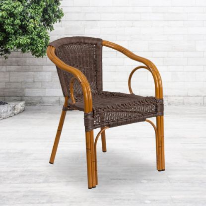 Picture of Flash Furniture Cadiz Rattan Restaurant Patio Chair, Dark Brown Rattan/Red Bamboo