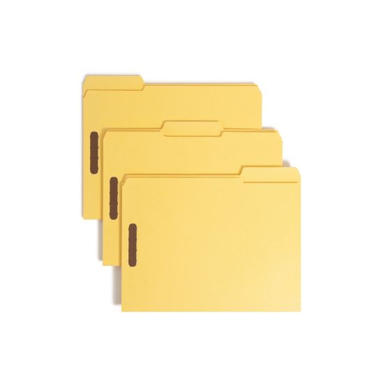 Picture of Smead Color Reinforced Tab Fastener Folders, Letter Size, 1/3 Cut, 100% Recycled, Yellow, Pack Of 50