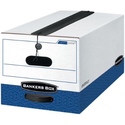 Picture of Bankers Box Liberty Plus FastFold Heavy-Duty Storage Boxes With Locking Lift-Off Lids And Built-In Handles, Legal Size, 24in x 15in x 10in, 60% Recycled, White/Blue, Case Of 12