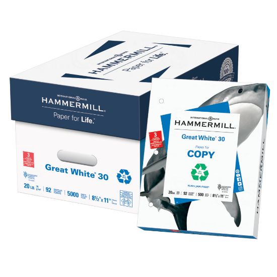 Picture of Hammermill Great White 3-Hole Punched Copy Paper, 10 Reams, White, Letter (8.5in x 11in), 5000 Sheets Per Case, 20 Lb, 92 Brightness, 30% Recycled