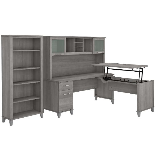 Picture of Bush Furniture Somerset 72inW 3-Position Sit-To-Stand L-Shaped Desk With Hutch And Bookcase, Platinum Gray, Standard Delivery