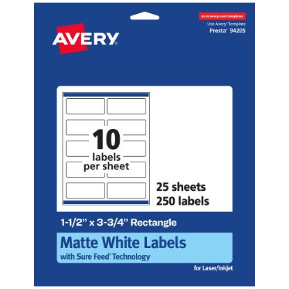 Picture of Avery Permanent Labels With Sure Feed, 94205-WMP25, Rectangle, 1-1/2in x 3-3/4in, White, Pack Of 250