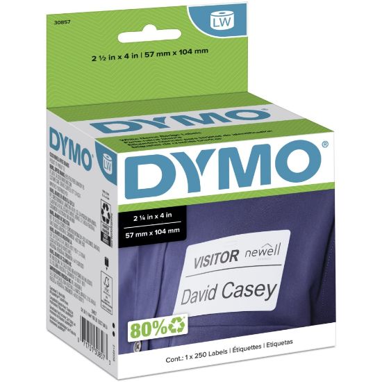 Picture of DYMO LabelWriter Self-Adhesive Name Badge Labels, 30857, White, 2 1/4in x 4in, Roll Of 250 Labels