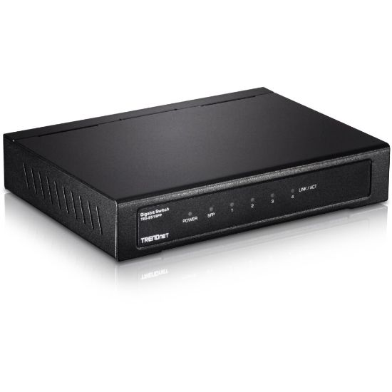 Picture of TRENDnet TEG-S51SFP, 5-Port Gigabit Compact Metal Desktop Switch with Gigabit SFP Slot, Fanless Design, Wall Mountable - 5-Port Gigabit Switch with SFP Slot