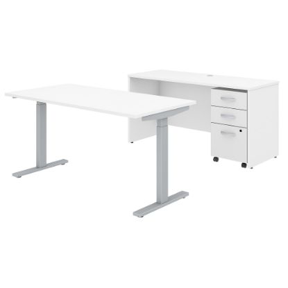 Picture of Bush Business Furniture Studio C Electric 60inW x 30inD Height Adjustable Standing Desk, Credenza and One Mobile File Cabinet, White, Standard Delivery