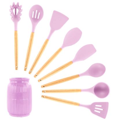 Picture of MegaChef Silicone And Wood Cooking Utensils, Pink, Set Of 9 Utensils