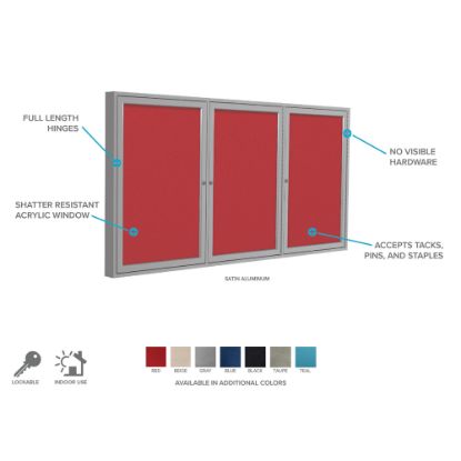 Picture of Ghent 3 Door Enclosed Fabric Bulletin Board, Satin Aluminum Frame, 48inH x 96inW, Gray