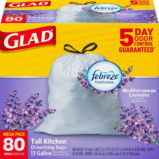 Picture of Glad Tall Kitchen 5-Day OdorShield Trash Bags With Febreze Freshness, 13 Gallons, Mediterranean Lavender Scent, White, Pack Of 80