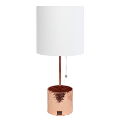 Picture of Simple Designs Hammered Metal Organizer Table Lamp, 18-1/2inH, White Shade/Rose Gold Base