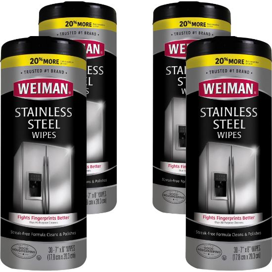 Picture of Weiman Stainless Steel Wipes - Wipe - 7in Width x 8in Length - 30 / Canister - 4 / Carton - White