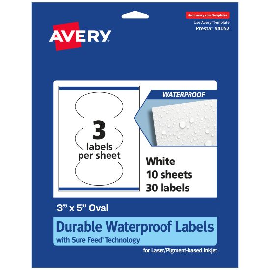 Picture of Avery Waterproof Permanent Labels With Sure Feed, 94052-WMF10, Oval, 3in x 5in, White, Pack Of 30