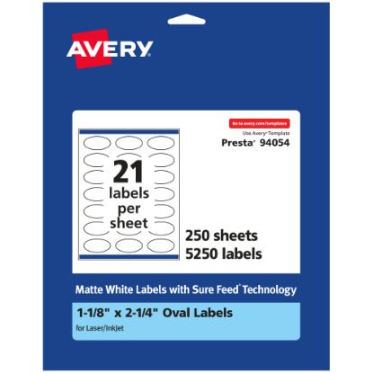 Picture of Avery Permanent Labels With Sure Feed, 94054-WMP250, Oval, 1-1/8in x 2-1/4in, White, Pack Of 5,250