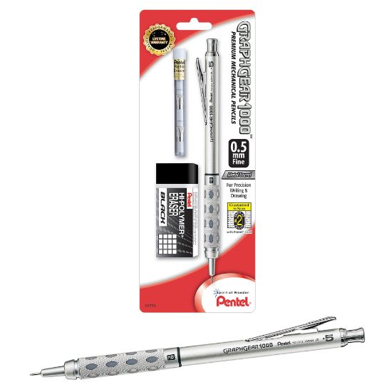 Picture of Pentel Graph Gear 1000 Mechanical Pencil with Eraser Set, 0.5mm, #2 Lead, Silver Barrel