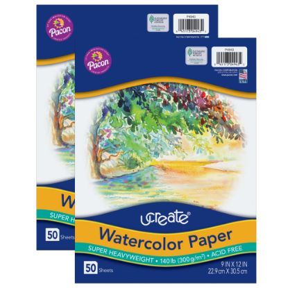 Picture of Pacon UCreate Watercolor Paper, 9in x 12in, White, 50 Sheets Per Pack, Case Of 2 Packs