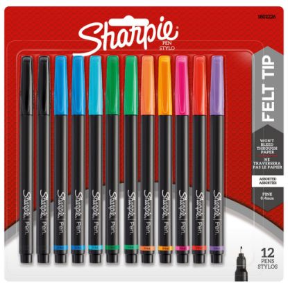 Picture of Sharpie Pens, Fine Point, 0.4 mm, Black Barrels, Assorted Ink Colors, Pack Of 12