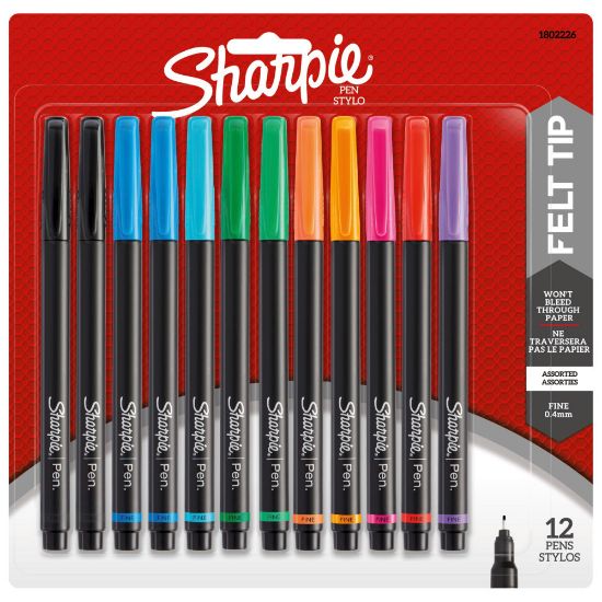 Picture of Sharpie Pens, Fine Point, 0.4 mm, Black Barrels, Assorted Ink Colors, Pack Of 12