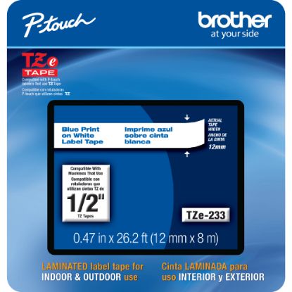 Picture of Brother TZE233CS Genuine P-Touch Laminated Label Tape, 1/2in x 26-1/4ft, White/Blue