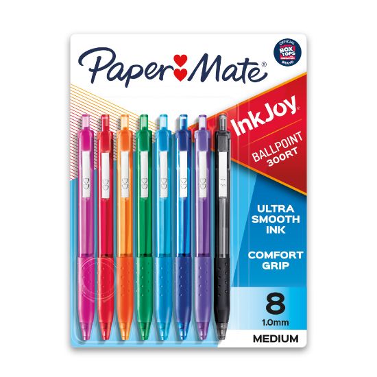 Picture of Paper Mate InkJoy 300 RT Retractable Pens, Medium Point, 1.0 mm, Clear Barrels, Assorted Ink Colors, Pack Of 8