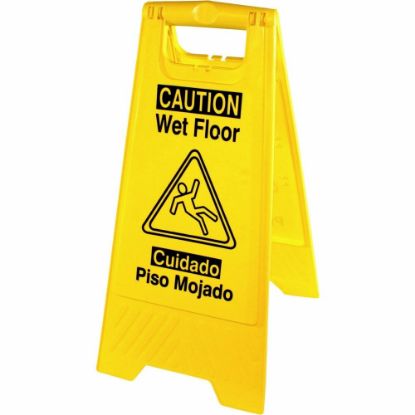 Picture of Genuine Joe Universal Graphic Wet Floor Sign - 1 Each - English, Spanish - Wet Floor Print/Message - Foldable - Yellow