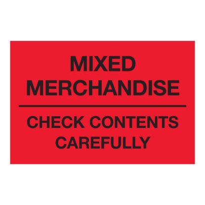 Picture of Tape Logic Preprinted Labels, "Mixed Merchandise Check Contents Carefully", DL1621, Rectangle, 2in x 3in, Fluorescent Red, Roll Of 500 Labels