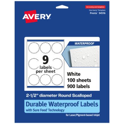 Picture of Avery Waterproof Permanent Labels With Sure Feed, 94516-WMF100, Round Scalloped, 2-1/2in Diameter, White, Pack Of 900