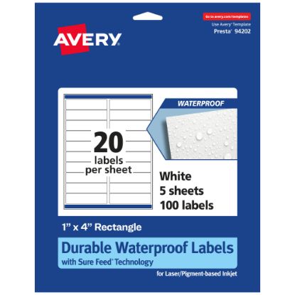 Picture of Avery Waterproof Permanent Labels With Sure Feed, 94202-WMF5, Rectangle, 1in x 4in, White, Pack Of 100