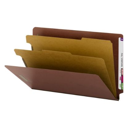 Picture of Smead End Tab Pressboard Classification Folders With SafeSHIELD Fasteners, 2 Dividers, Legal Size, 60% Recycled, Red, Box Of 10