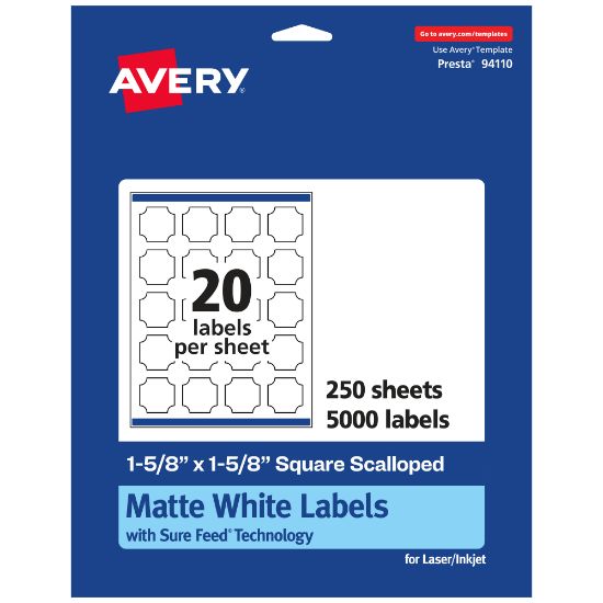 Picture of Avery Permanent Labels With Sure Feed, 94110-WMP250, Square Scalloped, 1-5/8in x 1-5/8in, White, Pack Of 5,000