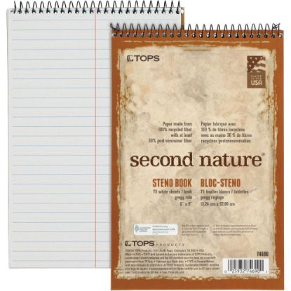 Picture of TOPS Second Nature Spiral Steno Notebook - 70 Sheets - Spiral - 0.34in Ruled - 15 lb Basis Weight - 6in x 9in - 1in x 6in9in - White Paper - Blue, Gray, Brown Cover - Acid-free - Recycled - 4 / Pack