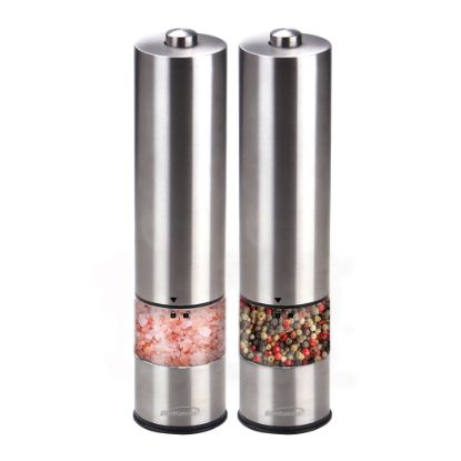 Picture of Brentwood Electric LED Salt And Pepper Adjustable Ceramic Grinders, 6 Oz, Silver, Set Of 2 Grinders