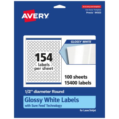 Picture of Avery Glossy Permanent Labels With Sure Feed, 94503-WGP100, Round, 1/2in Diameter, White, Pack Of 15,400