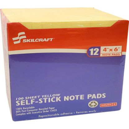 Picture of SKILCRAFT Self-Stick Note Pads, 4in x 6in, Yellow, 100 Sheets Per Pad, Pack Of 12 Pads (AbilityOne 7530-01-285-8355)