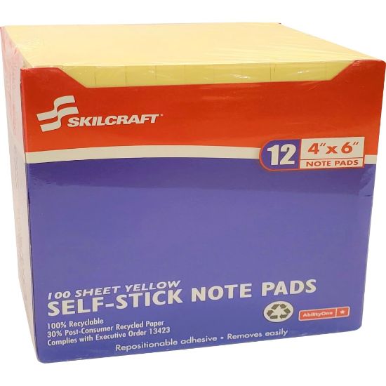 Picture of SKILCRAFT Self-Stick Note Pads, 4in x 6in, Yellow, 100 Sheets Per Pad, Pack Of 12 Pads (AbilityOne 7530-01-285-8355)