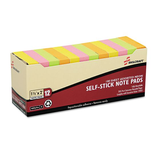 Picture of SKILCRAFT Self-Stick Note Pads, 1-1/2in x 2in, Assorted Neon, Pack of 12 Pads