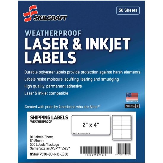 Picture of SKILCRAFT Weatherproof Mailing Labels - 2in Width x 4in Length - Permanent Adhesive - Rectangle - Laser, Inkjet - White - Polyester, Paper - 10 / Sheet - 500 / Pack - TAA Compliant